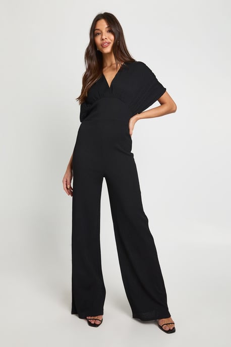 Textured Plunge Batwing Wide Leg Jumpsuit - Image 1