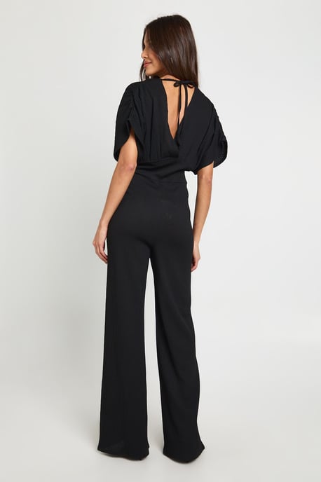 Textured Plunge Batwing Wide Leg Jumpsuit - Image 2