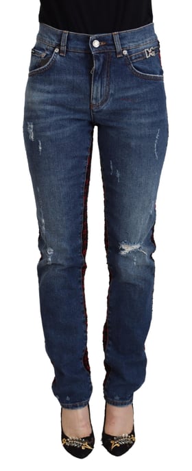 Sliten Denimjeans Röd Svart Rutig - Image 1