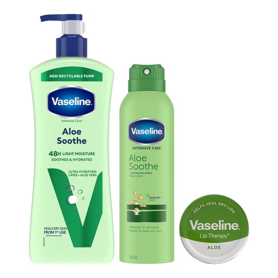 Vaseline Aloe Soothe Bundle Lotion 600ml Spray Moisturiser 190ml Lip Therapy 20g - Image 1