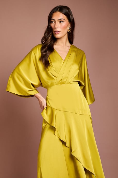 Satin Back Crepe Ruffle Wrap Midi Dress - Image 2