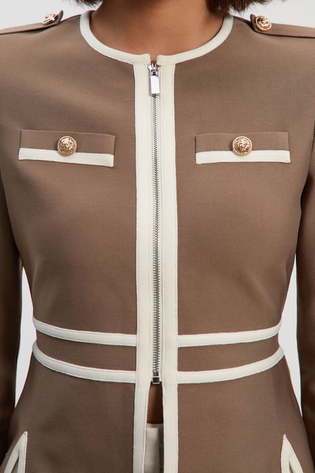 Petite Figure Form Bandage Military Contrast Piping Knit Split Hem Jacket - Image 3