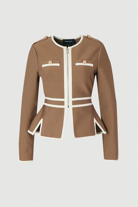 Petite Figure Form Bandage Military Contrast Piping Knit Split Hem Jacket - Image 4