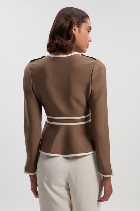 Petite Figure Form Bandage Military Contrast Piping Knit Split Hem Jacket - Image 5