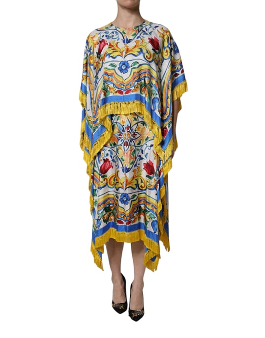 Majolica Print Fringe Midi Jurk - Image 2