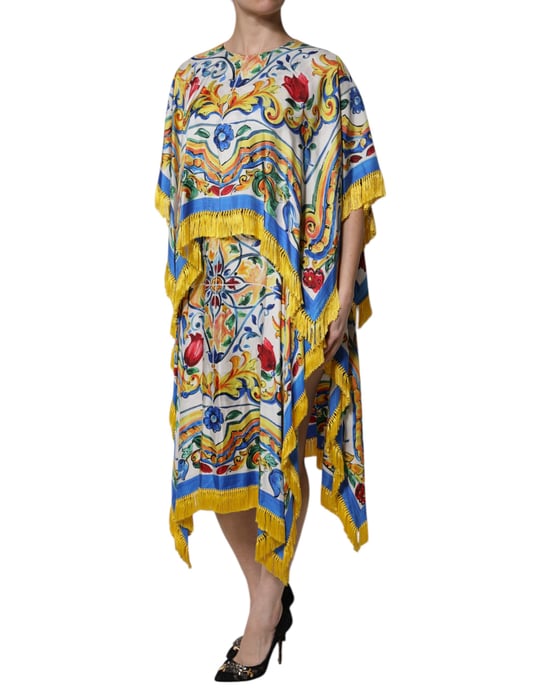 Majolica Print Fringe Midi Jurk - Image 3