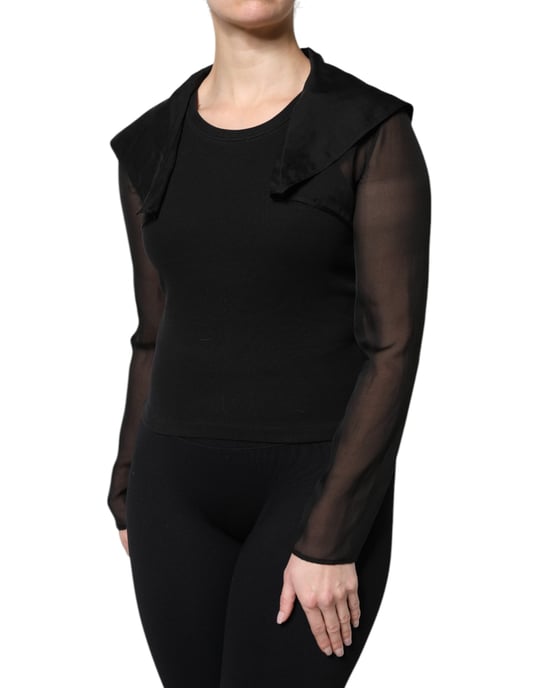 Ribbed Knit Top Sheer Mesh Sleeves - Image 3
