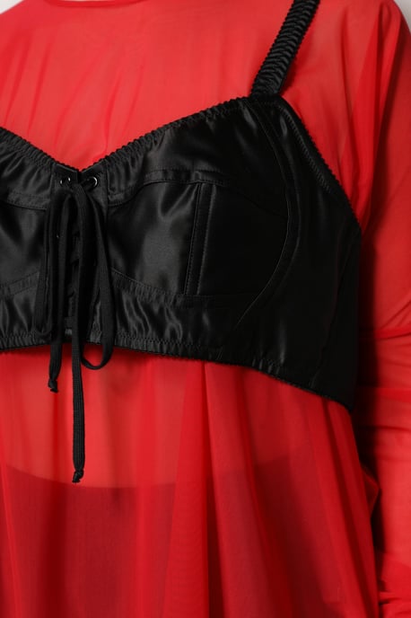 Layered Mesh Top With Satin Corset - Image 6