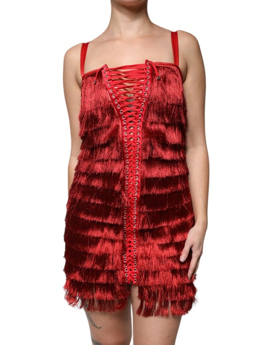 Fringed Mini Dress Red Laceup - Image 2