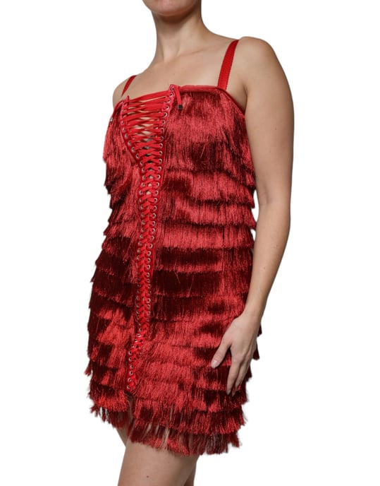 Fringed Mini Dress Red Laceup - Image 3