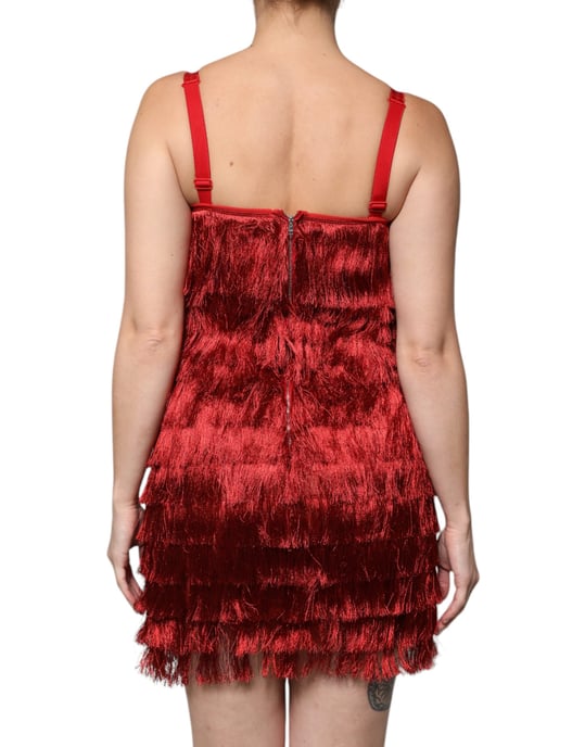 Fringed Mini Dress Red Laceup - Image 4