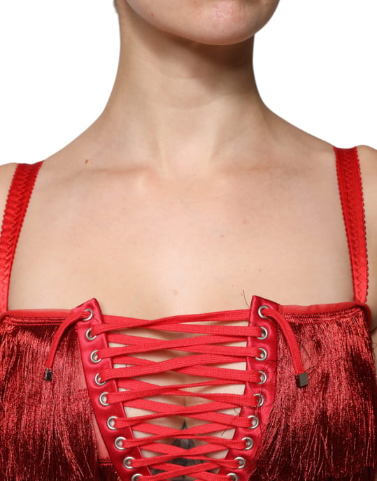 Fringed Mini Dress Red Laceup - Image 5