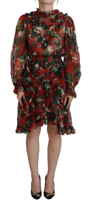 Floral Print Mini Dress Red And Green Geranium - Image 1