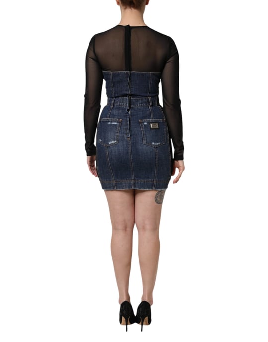 Denim Mini Klänning med Nätöverdrag och Slitningar - Image 4