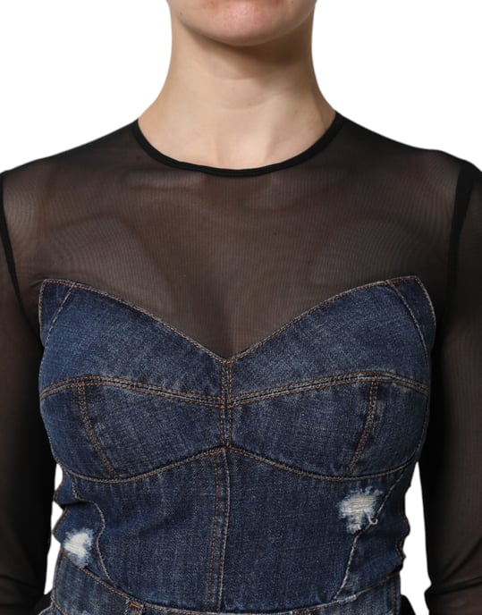 Denim Mini Klänning med Nätöverdrag och Slitningar - Image 5