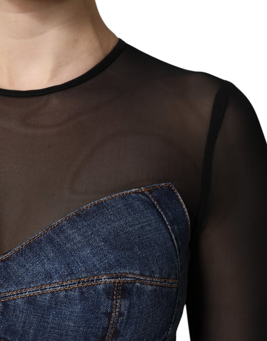 Denim Mini Klänning med Nätöverdrag och Slitningar - Image 6
