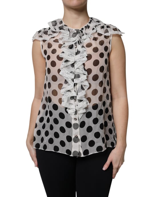 Polka Dot Silk Blouse Ruffled Neckline - Image 2