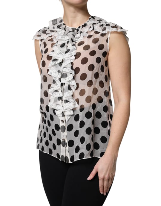 Polka Dot Silk Blouse Ruffled Neckline - Image 3
