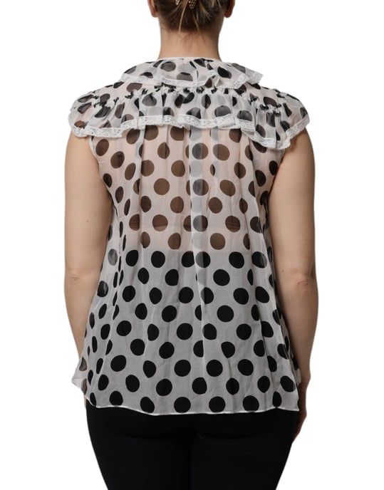 Polka Dot Silk Blouse Ruffled Neckline - Image 4