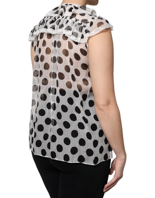 Polka Dot Silk Blouse Ruffled Neckline - Image 5