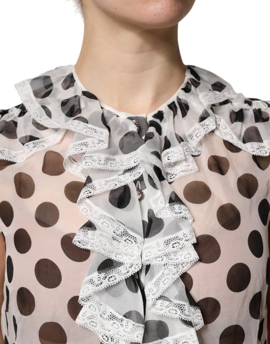 Polka Dot Silk Blouse Ruffled Neckline - Image 6