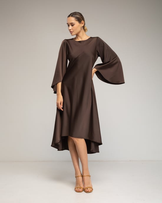 Satin midi dress with asymmetrical hem - Image 1