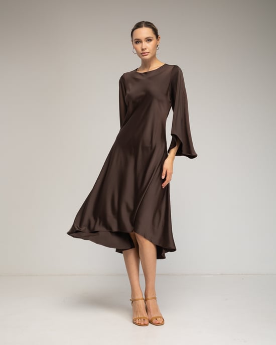 Satin midi dress with asymmetrical hem - Image 2