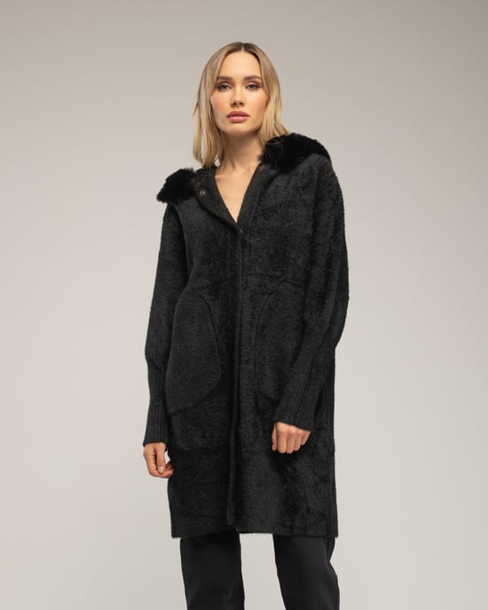 Knitted-effect coat with fur trim - Image 2