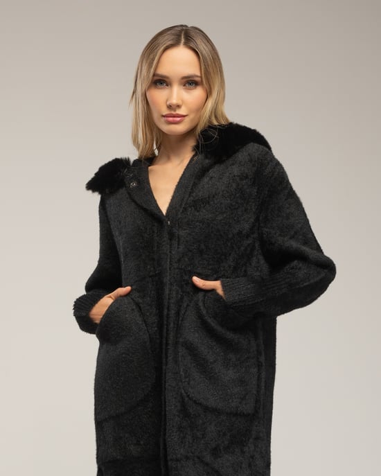 Knitted-effect coat with fur trim - Image 4