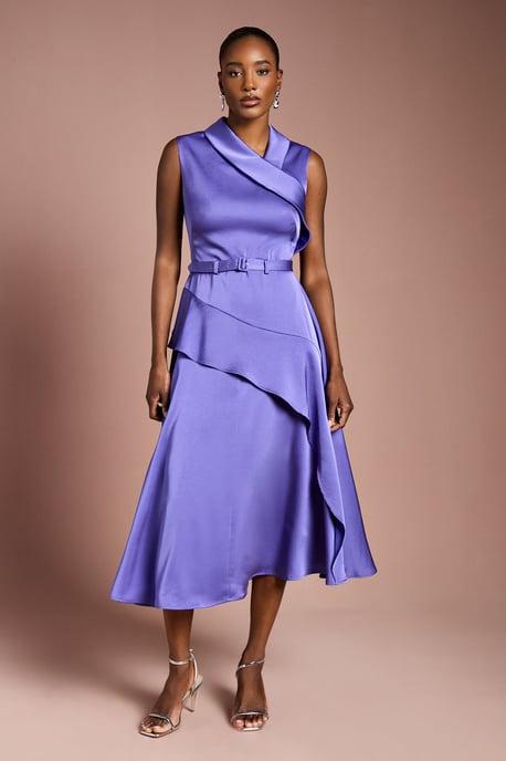 Waterfall Ruffle Belted Satin Midi Dress - Image 1