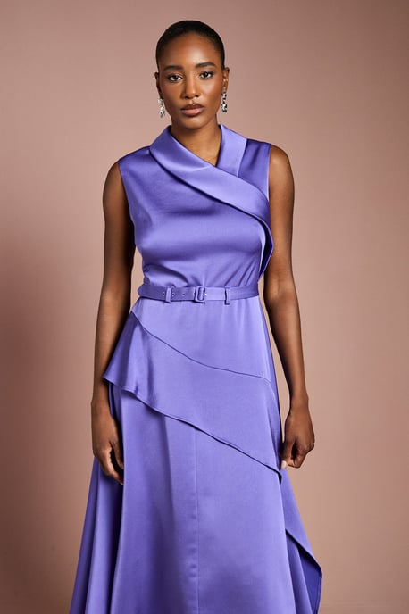 Waterfall Ruffle Belted Satin Midi Dress - Image 2