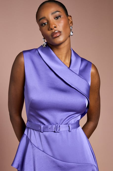 Waterfall Ruffle Belted Satin Midi Dress - Image 4