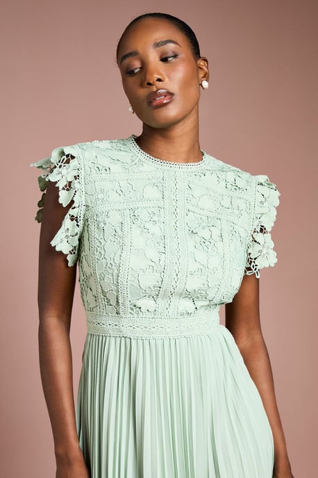 Flutter Sleeve Lace Top Pleated Skirt Midi Dress - Image 2