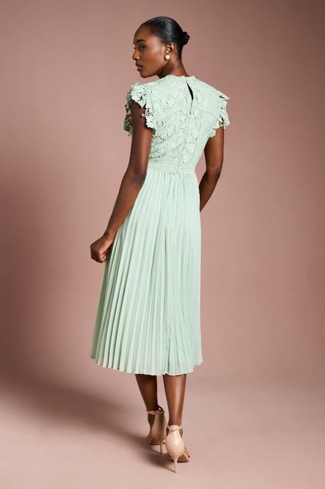 Flutter Sleeve Lace Top Pleated Skirt Midi Dress - Image 3