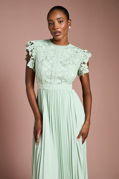 Flutter Sleeve Lace Top Pleated Skirt Midi Dress - Image 4