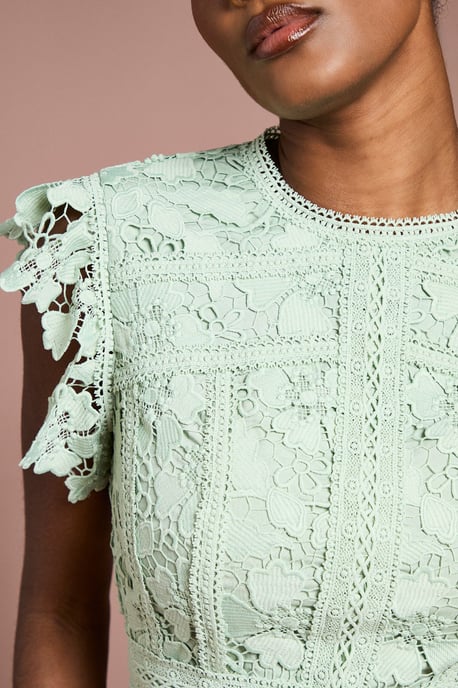 Flutter Sleeve Lace Top Pleated Skirt Midi Dress - Image 5