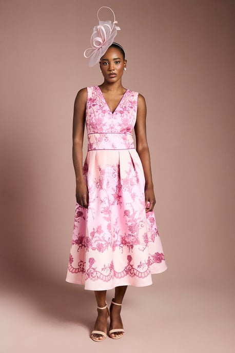 V Neck Structured Satin Placement Print Midi Dress - Image 1