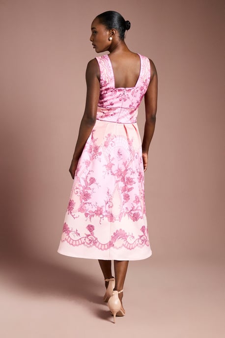 V Neck Structured Satin Placement Print Midi Dress - Image 3