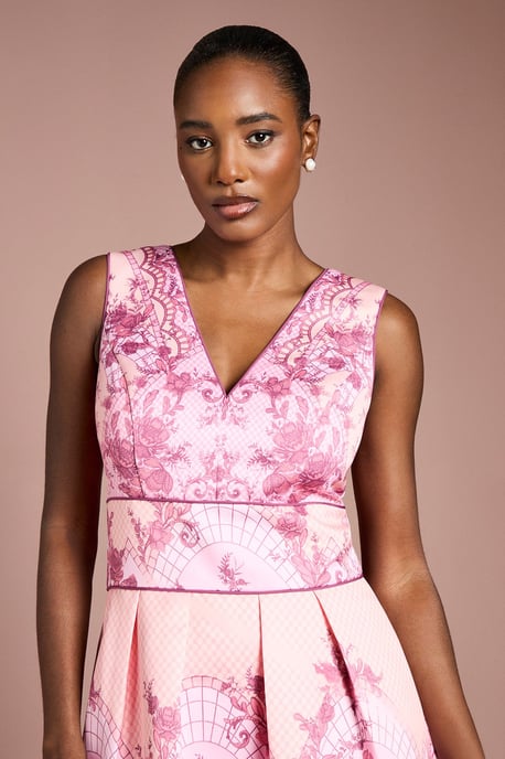 V Neck Structured Satin Placement Print Midi Dress - Image 4