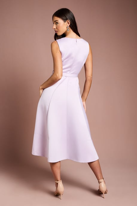 V Neck Structured Satin Belted Midi Dress - Image 3