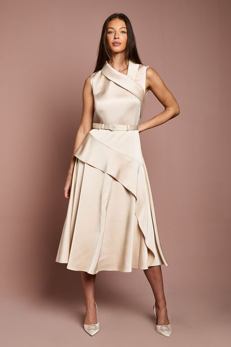 Waterfall Ruffle Belted Satin Midi Dress - Image 1