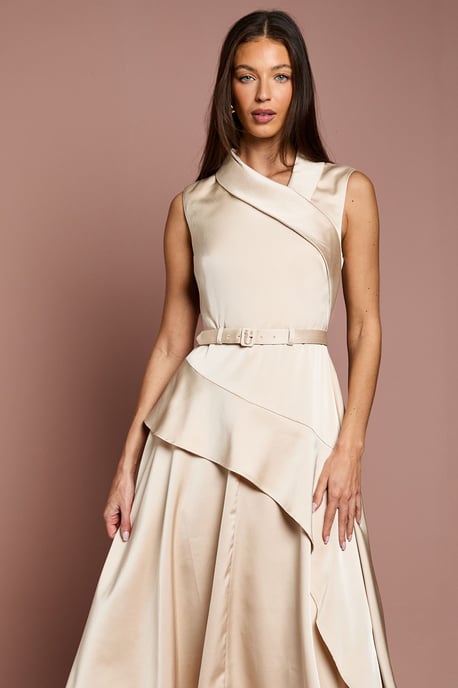 Waterfall Ruffle Belted Satin Midi Dress - Image 2
