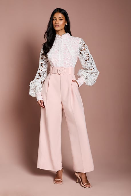 Petite Organza Lace Belted Long Sleeve Jumpsuit - Image 1