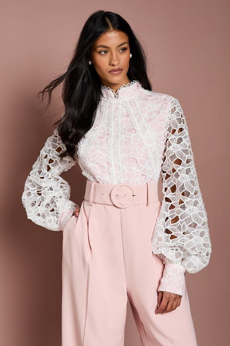 Petite Organza Lace Belted Long Sleeve Jumpsuit - Image 2