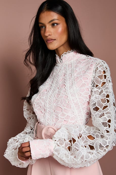 Petite Organza Lace Belted Long Sleeve Jumpsuit - Image 4