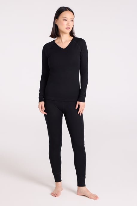 Women's Merino V Neck Top Breathable Hiking Skiing Base Layer Tee Black - Image 2
