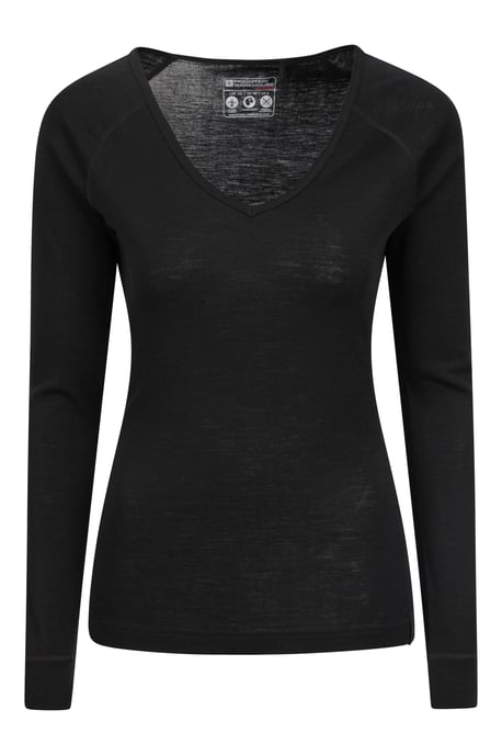 Women's Merino V Neck Top Breathable Hiking Skiing Base Layer Tee Black - Image 5