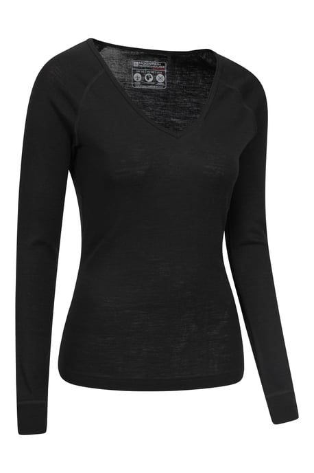 Women's Merino V Neck Top Breathable Hiking Skiing Base Layer Tee Black - Image 6