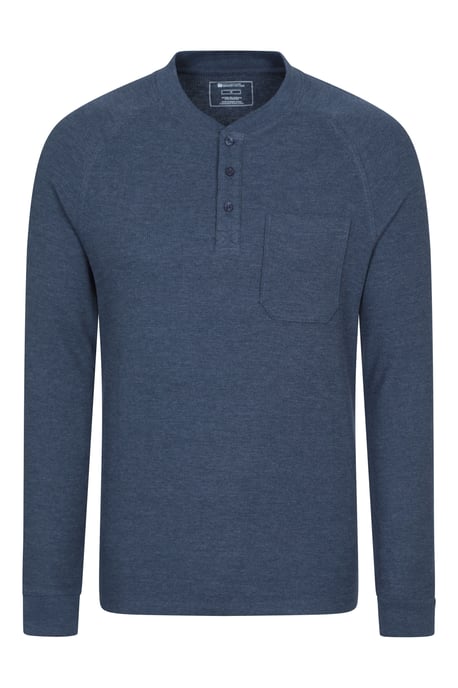 'Selby' Men's Waffle Henley Tee with Button Fastenings Long Sleeve Top Navy - Image 1
