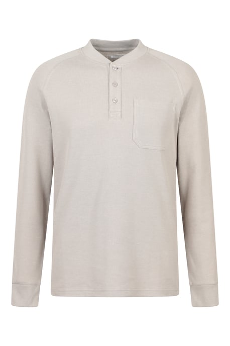 'Selby' Men's Waffle Henley Tee with Button Fastenings Long Sleeve Top Beige - Image 1